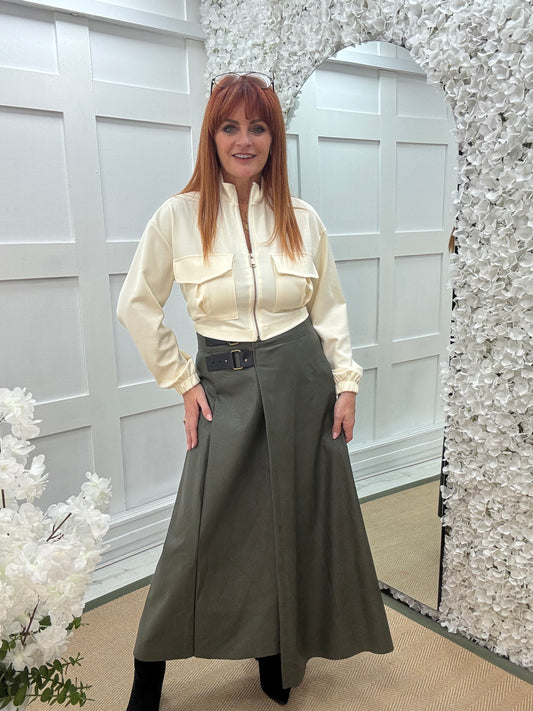 Raine: Khaki faux leather belted asymmetric skirt. One size: 12-16