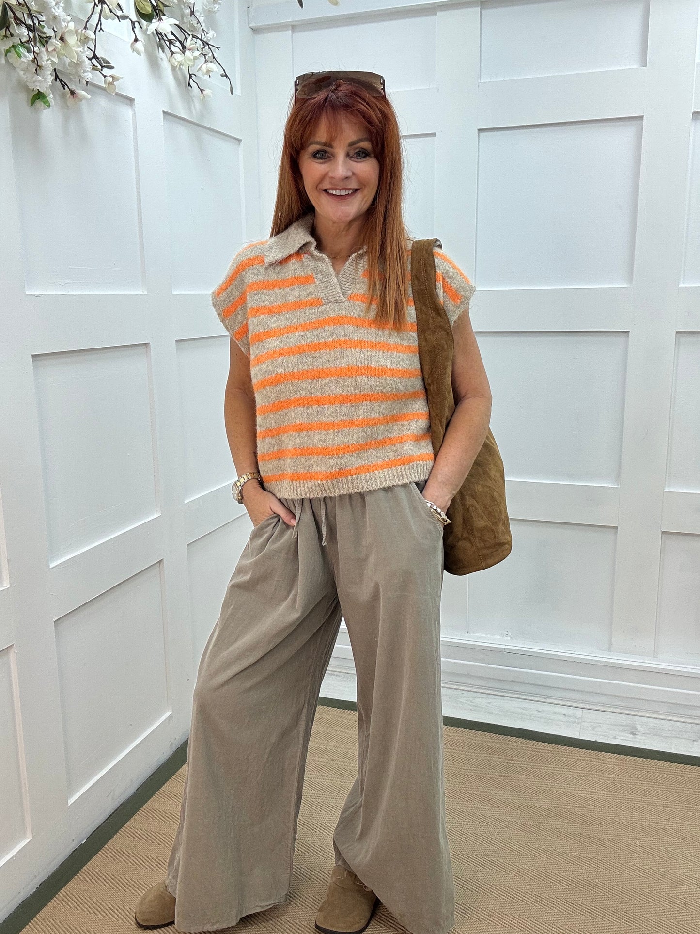 Talisa: Orange & beige stripe sleeveless top. One size 12-18