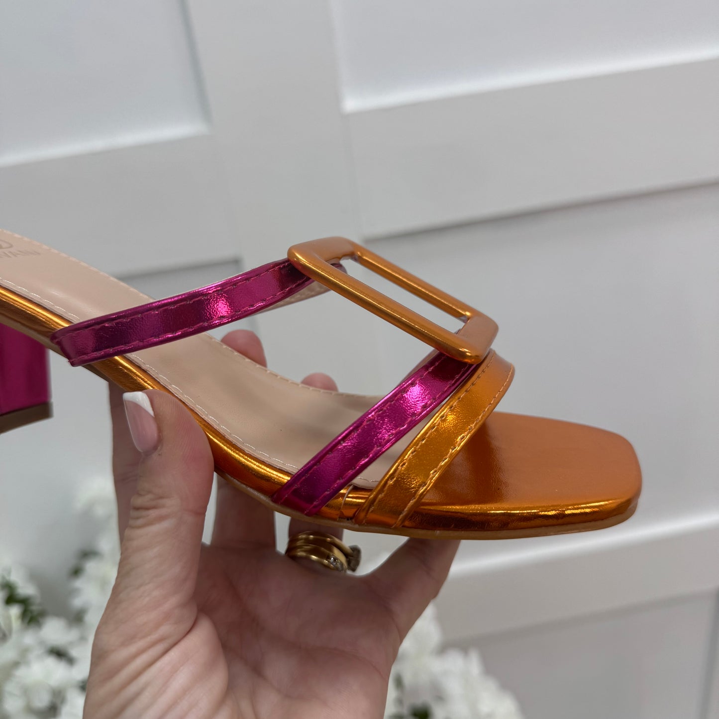 Rosa: Metallic pink & orange large buckle sandals. Sizes: 3-8