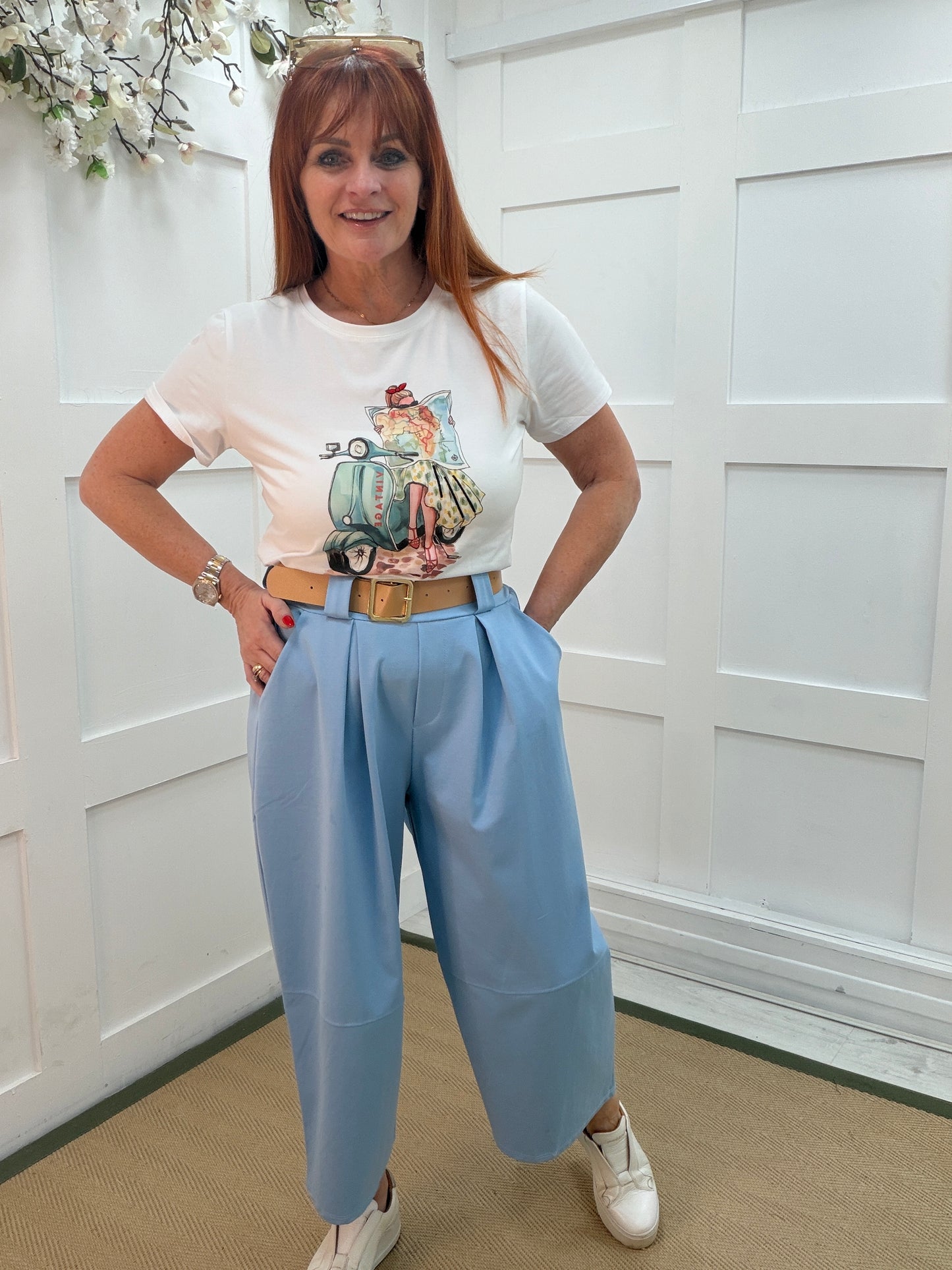 Ginny: Blue belted 3/4 barrel trousers . One size 10-16