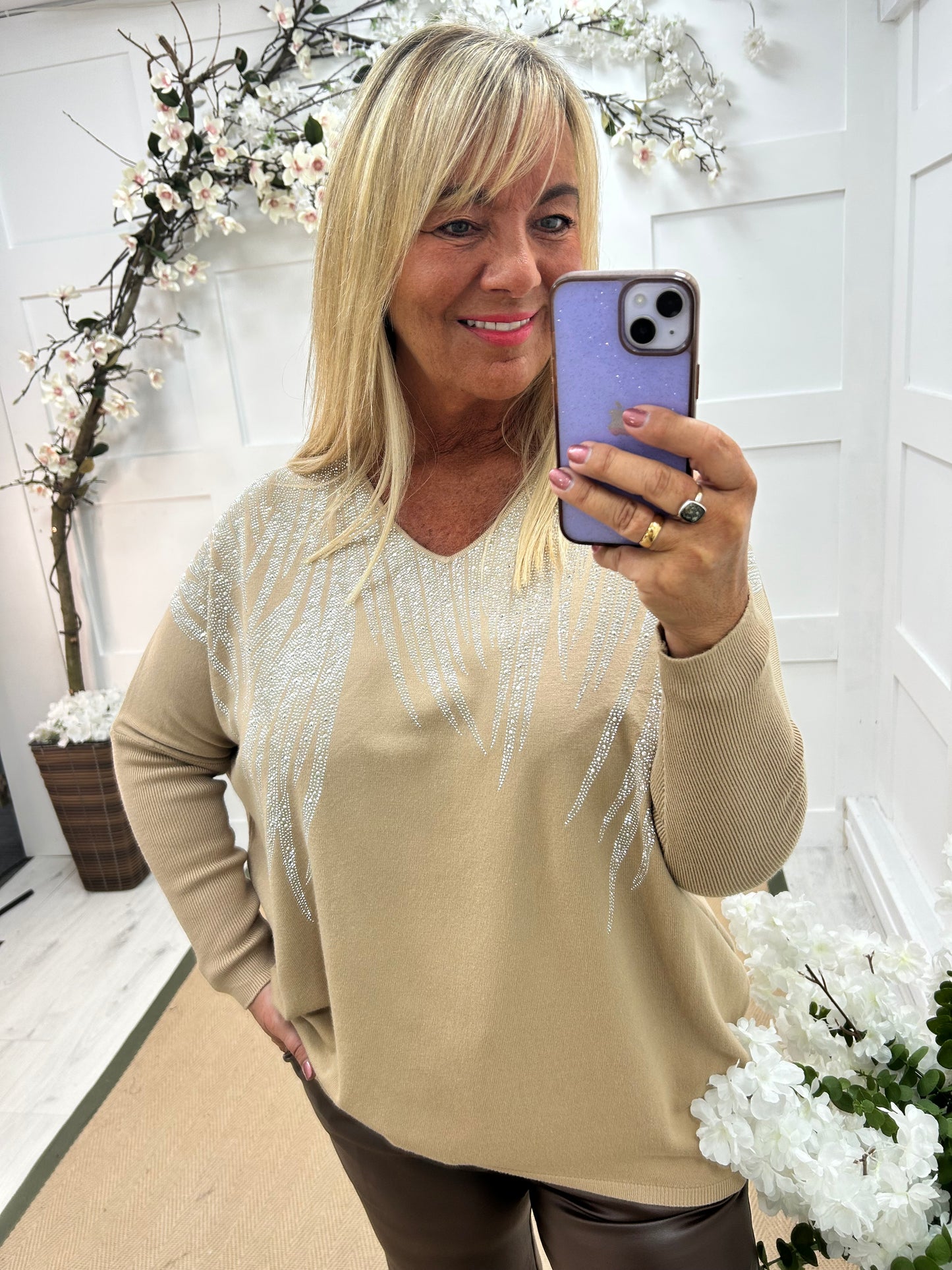 Coco: Sand V neck diamanté long sleeve top. One size: 18-22