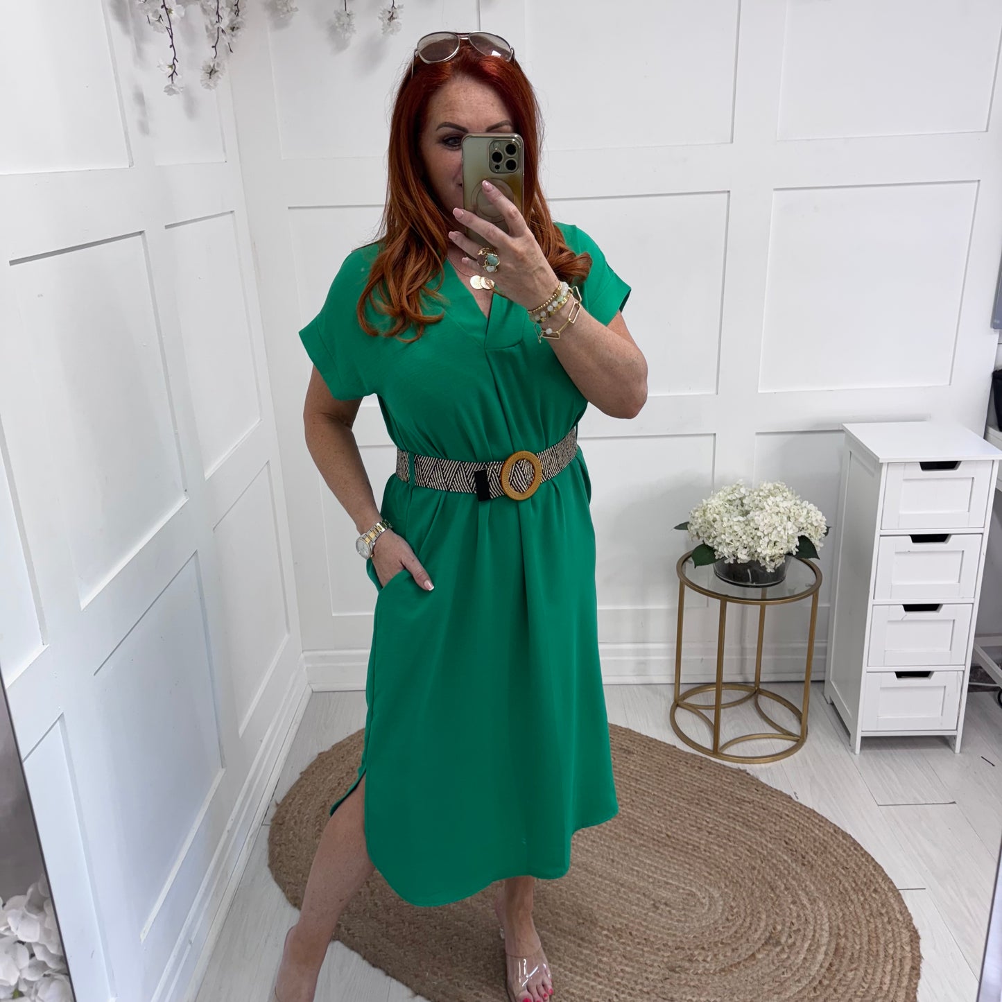 Azora: Emerald green V neck belted midi dress. One size 10-18