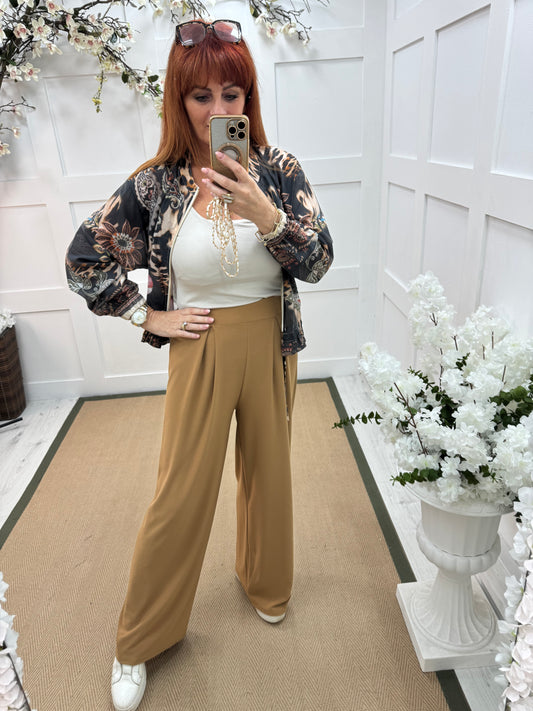 Danielle: Sand stretchy wide leg trousers One Size: 10-16