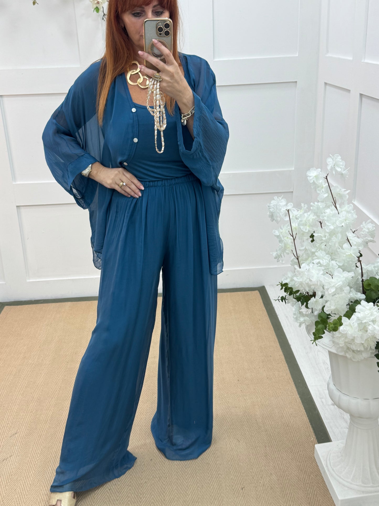 Venice: Teal silk wide leg trousers. One size: 12-20