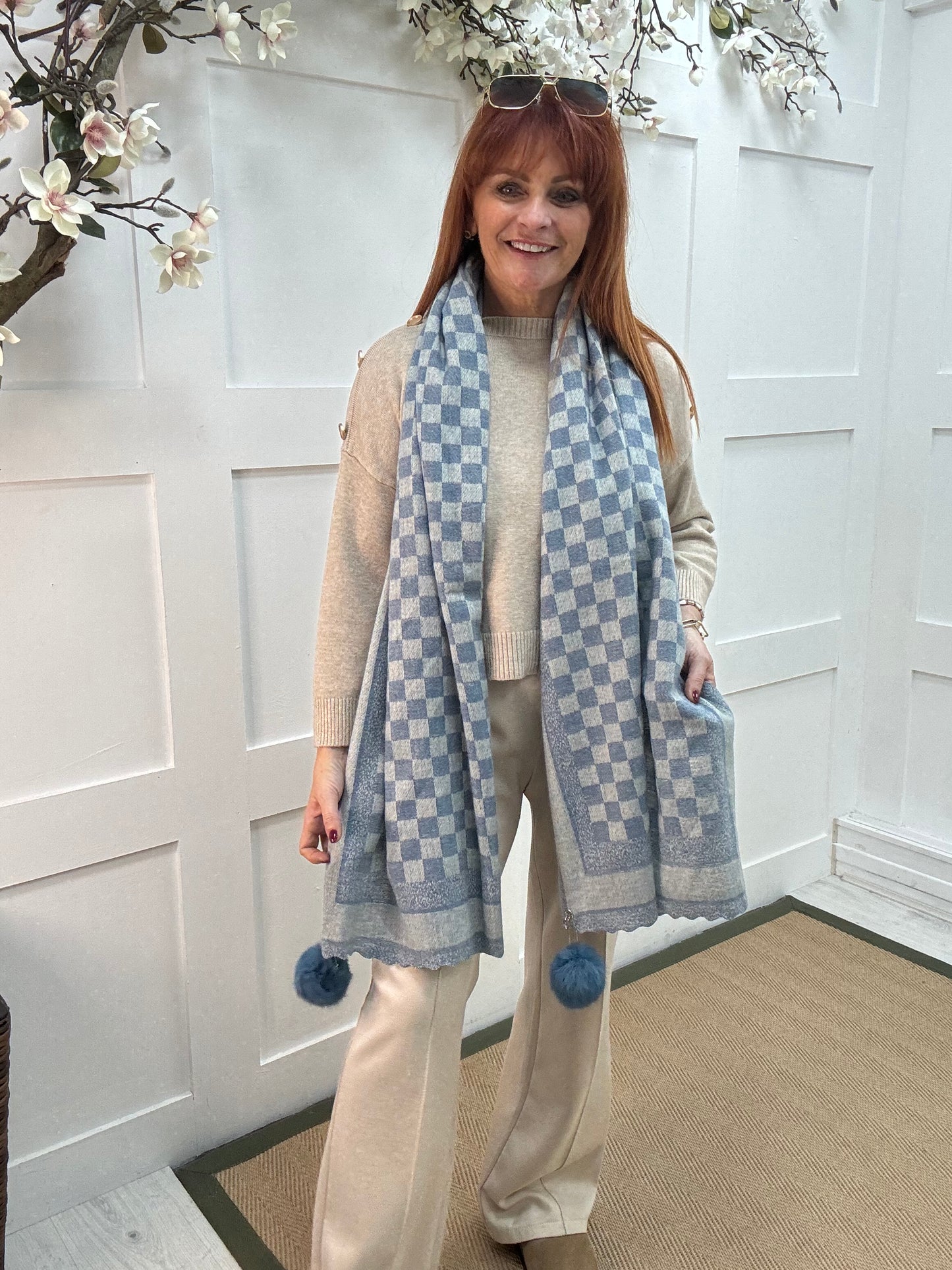 Elsa: Blue & grey designer inspired pom pom scarf