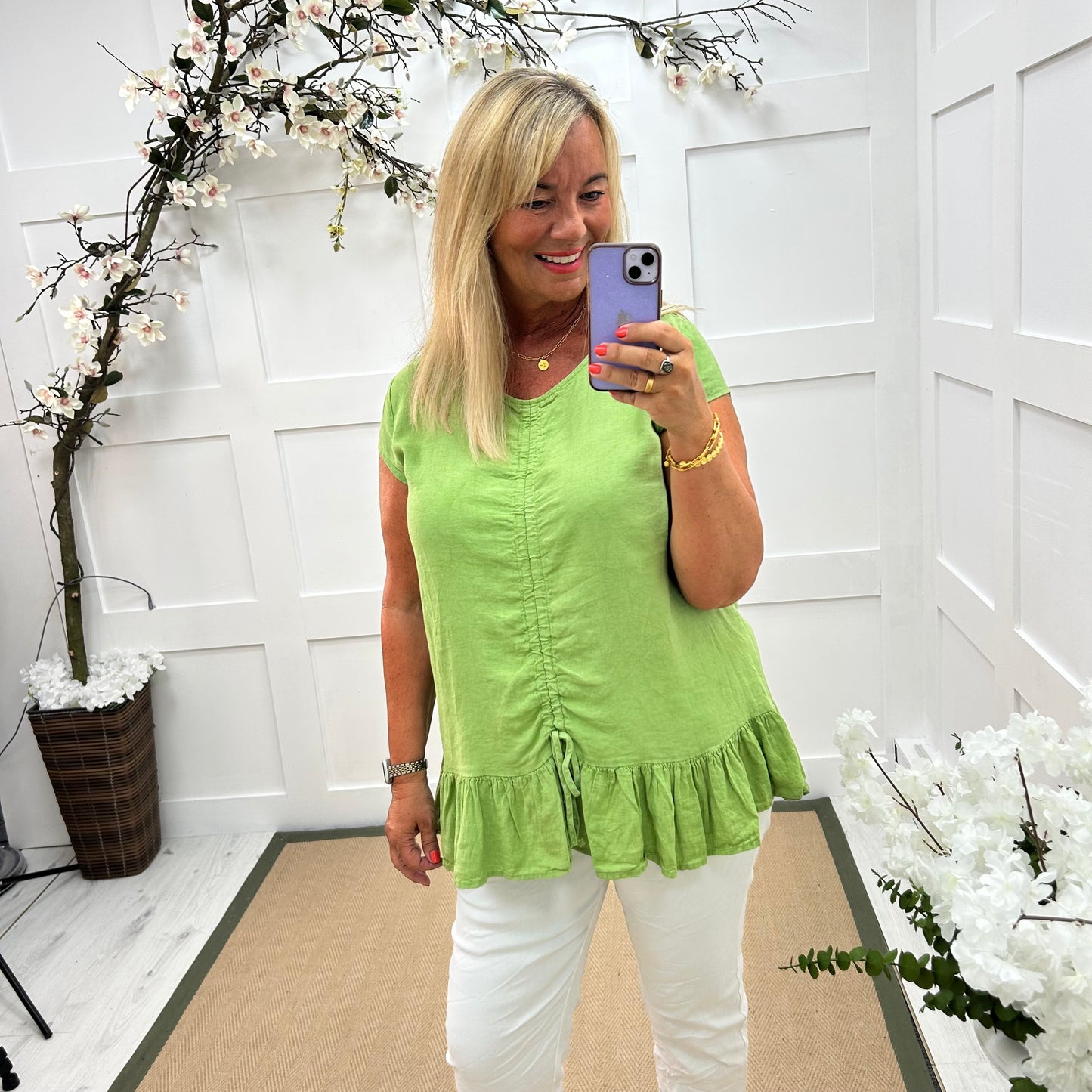 Miranda: Lime linen ruched pull vest top. One size: 14-20