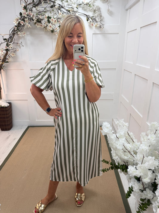 Sydney: Puff sleeve striped dress with pockets. One size: 10-16. 2 colours