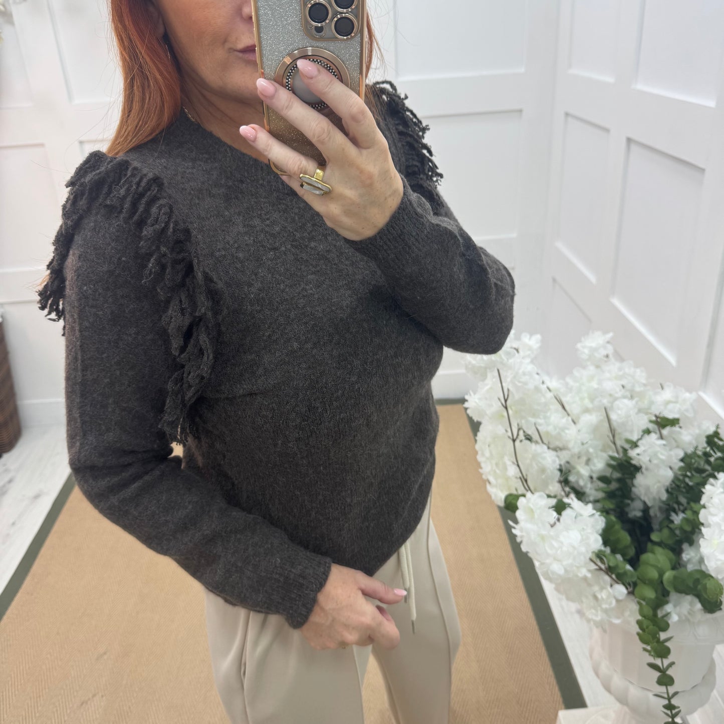Carmel: Brown fringe knitted top. One size: 10-16