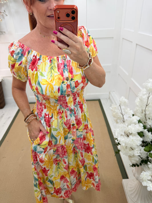 Florrie: Floral buttoned front bardot printed stretchy midi dress. One size: 10-18. 2 colours