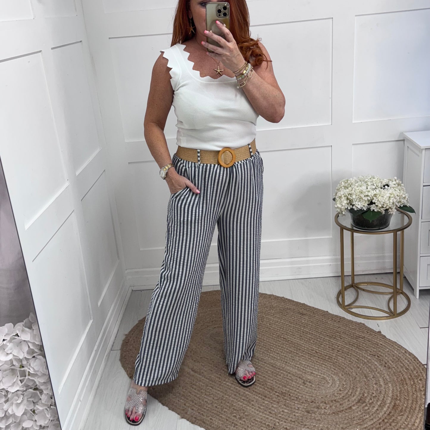 Tiff: Navy stripe wide leg belted trousers. One size: 8-14