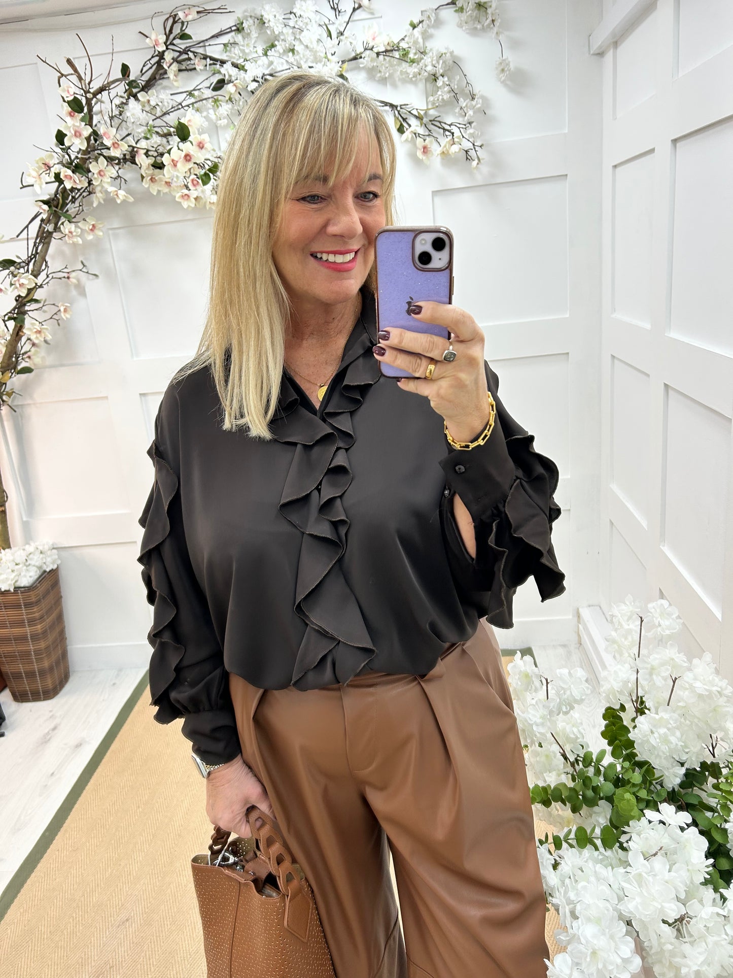 Riley: Brown ruffle blouse. One size 14-20