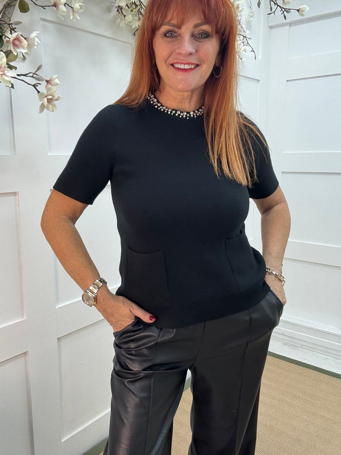 Rosheen: Black rhinestone pocket top. One size: 8-14