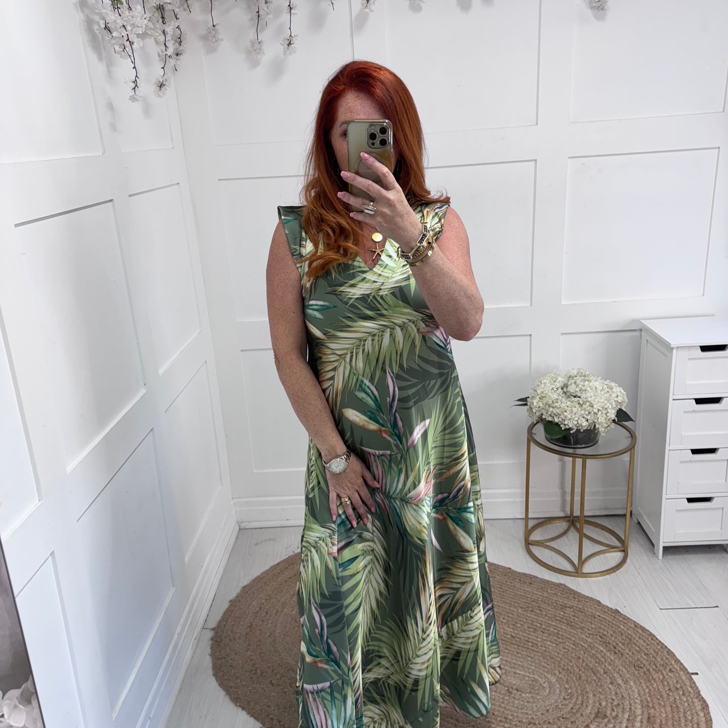 Emerson: Khaki palm leaf print maxi dress. One size 8-14