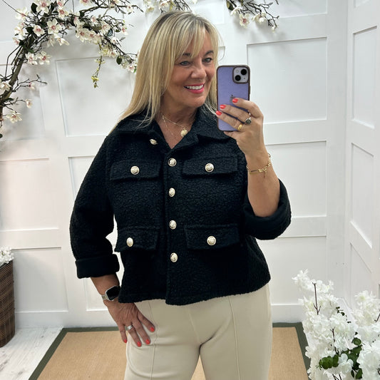 Bridget: Black short boucle button jacket. One: 12-20