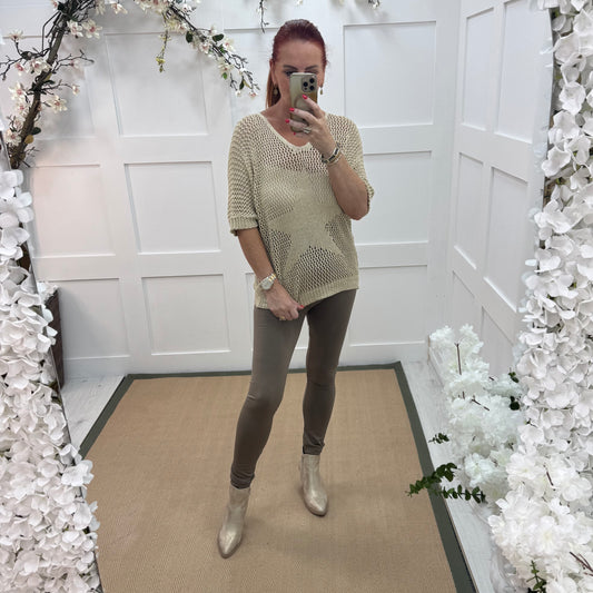 Lorie: Taupe stretchy high waist leggings. One Size 12-20