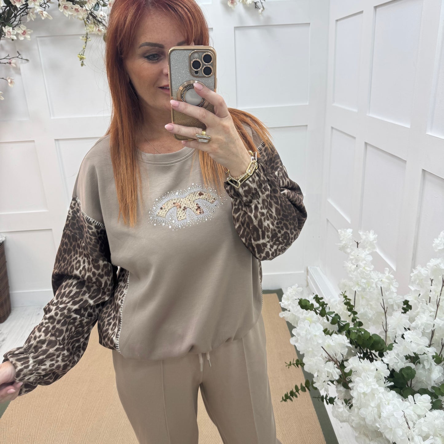 Maya: Taupe leopard print diamanté logo sweatshirt. One size: 14-18