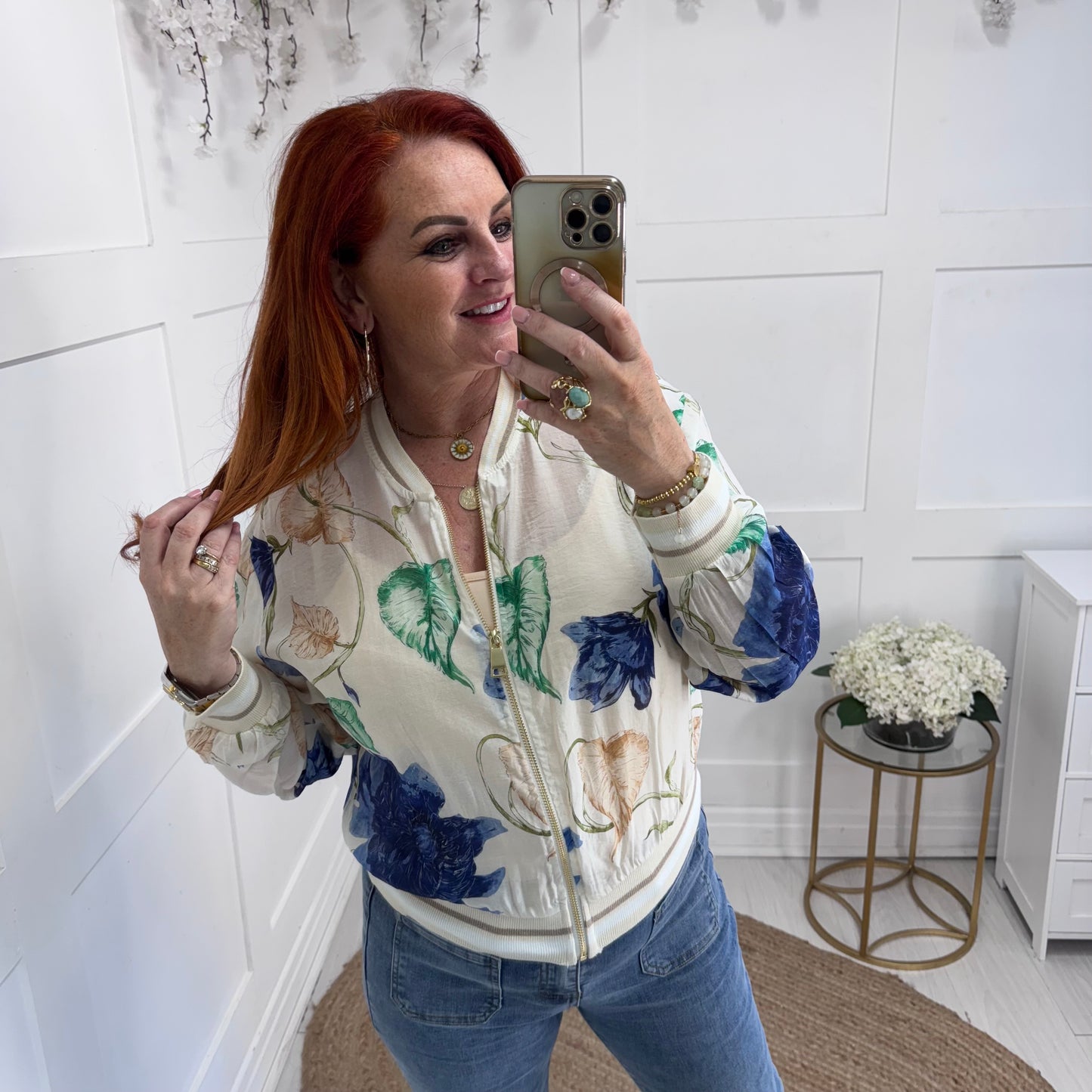 Everly: Silky blue floral bomber jacket. One size: 8-16