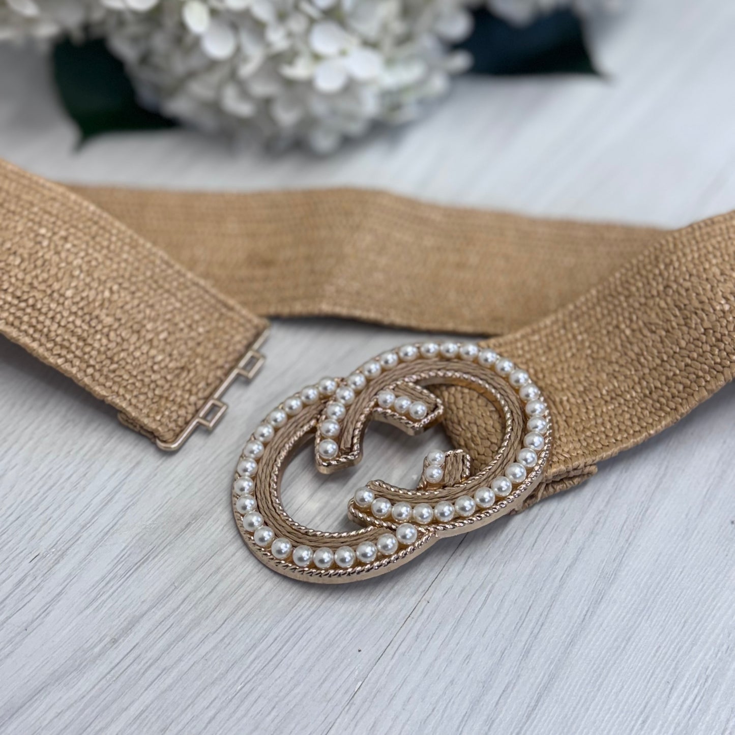 Louisa: Sand pearl round buckle wide belt. One size: 8-18