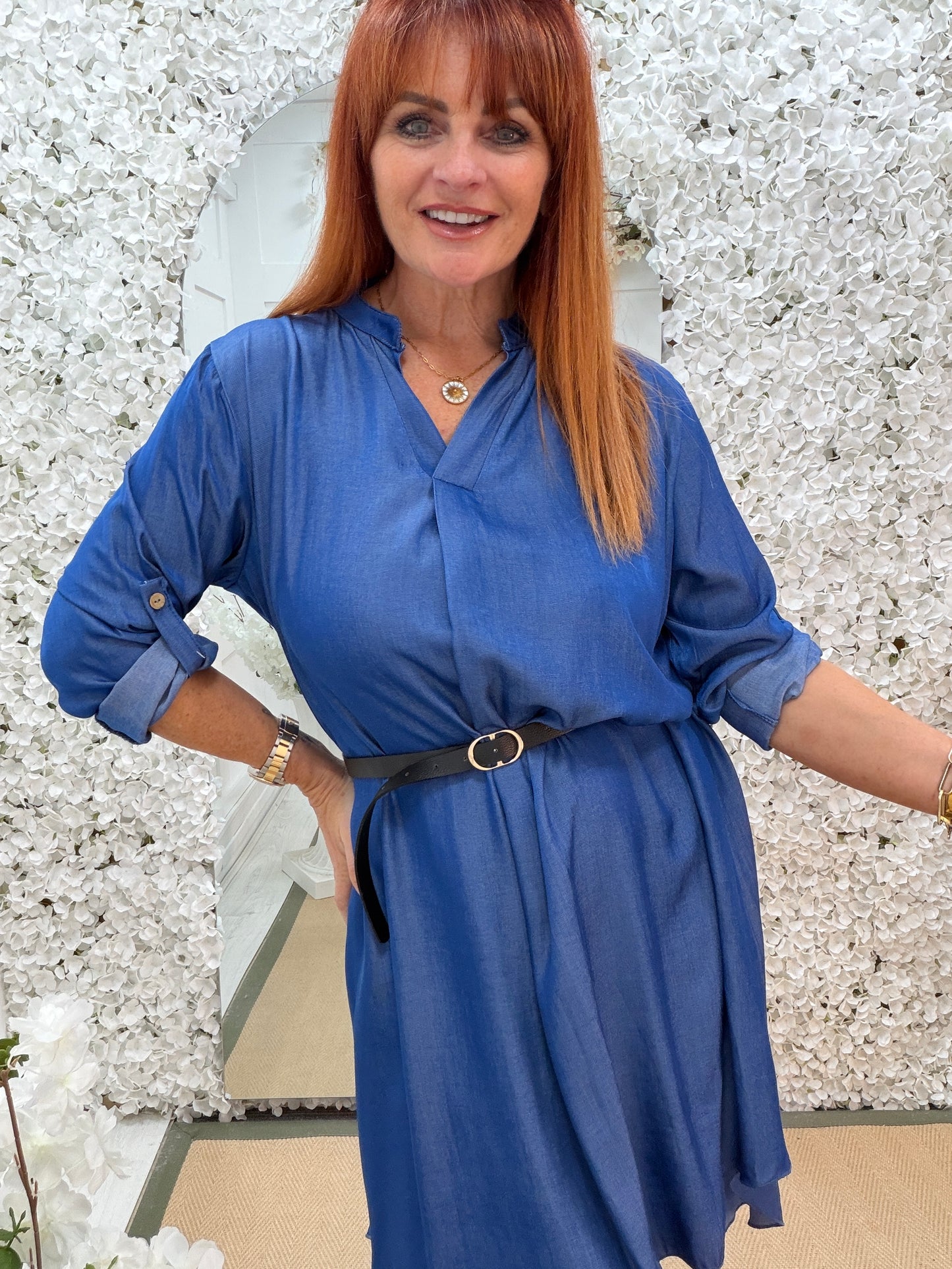 Dixie: Denim V neck shirt dress. One Size 10-14