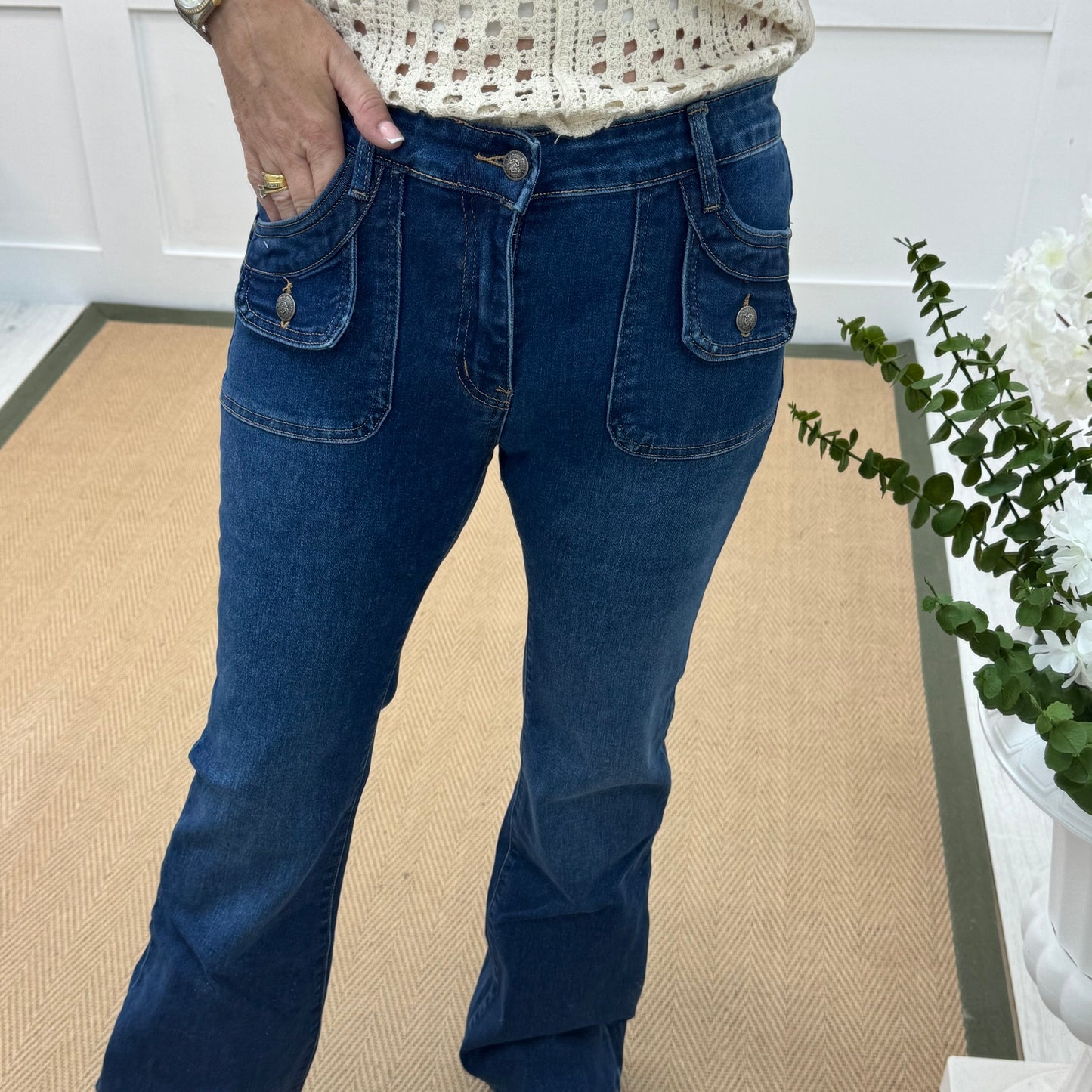 Rey: Dark blue pocket bootcut jeans. Sizes: 8-16