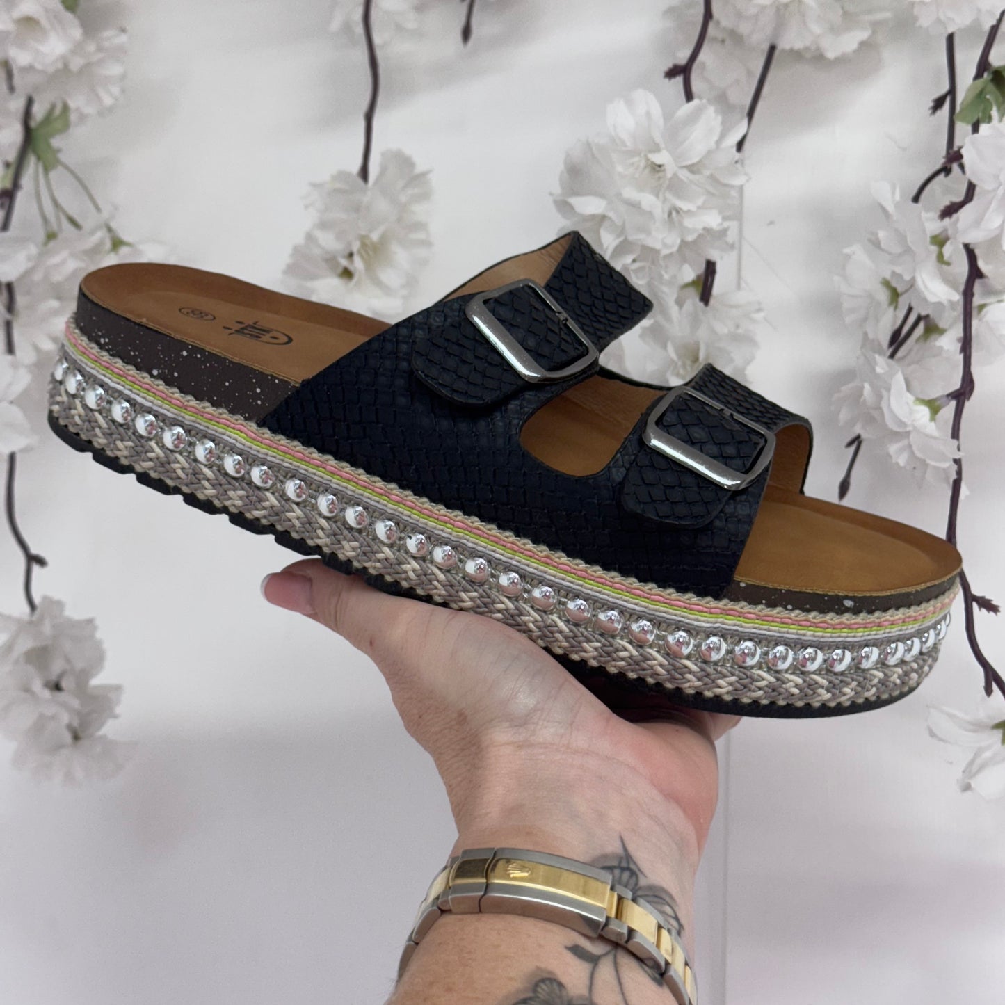 Nadia: Black 2 strap wedge sliders. Sizes: 3-8