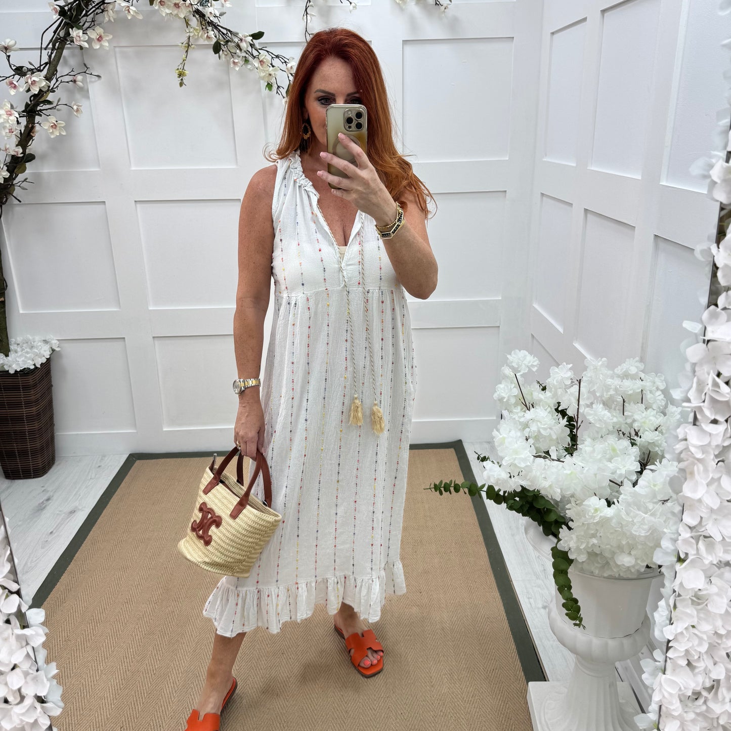 Delores: White embroidered cotton midi dress. One size: 10-16