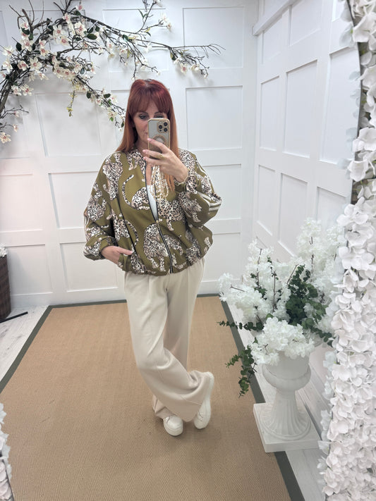 Macey: Olive green leopard printed bomber jacket. One size: 14-20