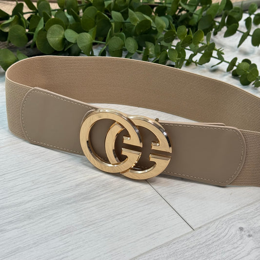 Calla: Beige gold GG buckle wide belt. One size: 8-16
