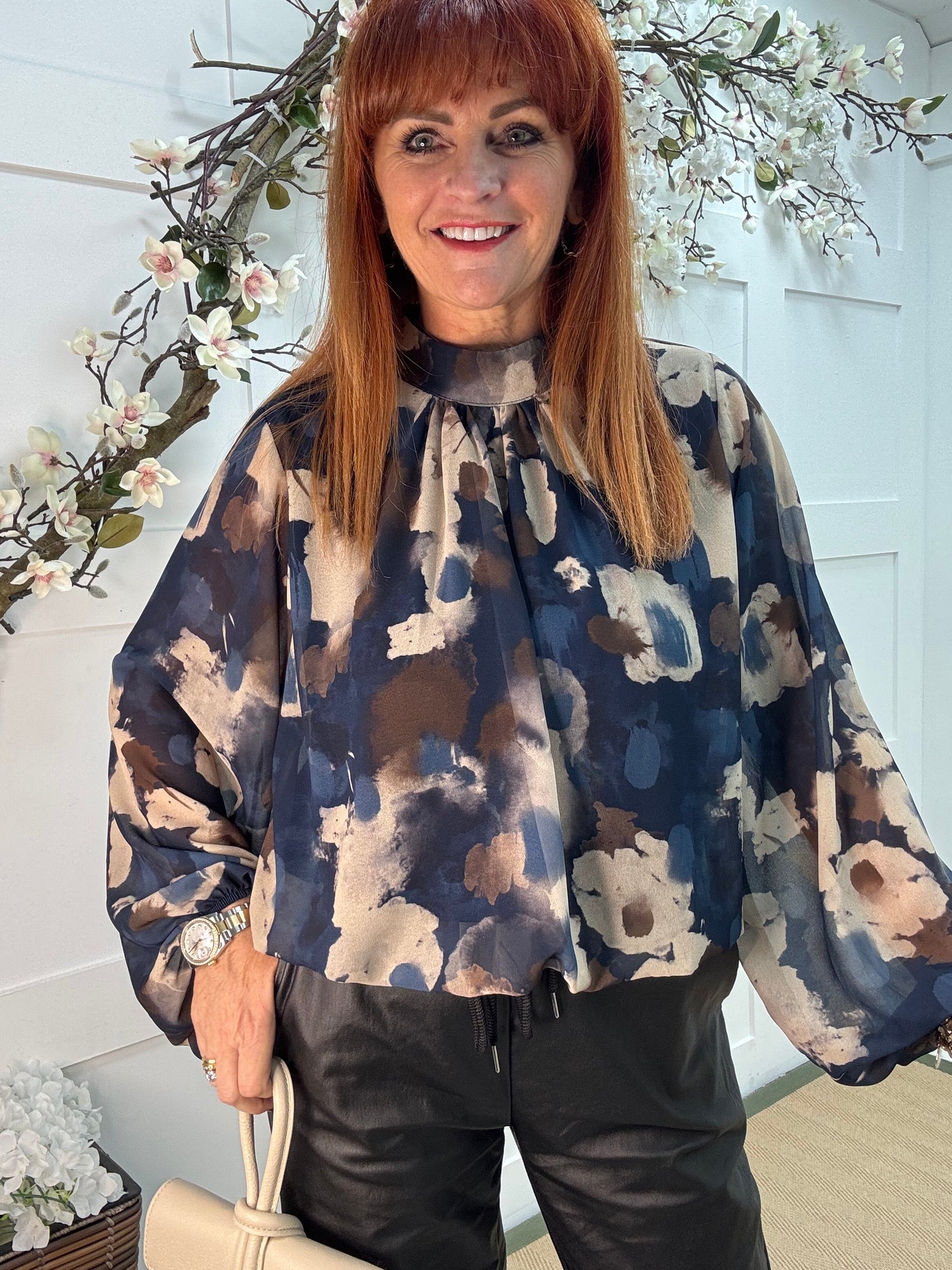 Holly: Navy & cream print high neck top. One size: 10-16