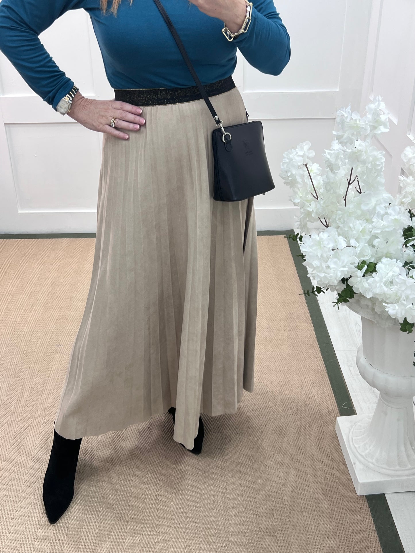 Mara: Cream suedette pleated maxi skirt. One size: 12-16