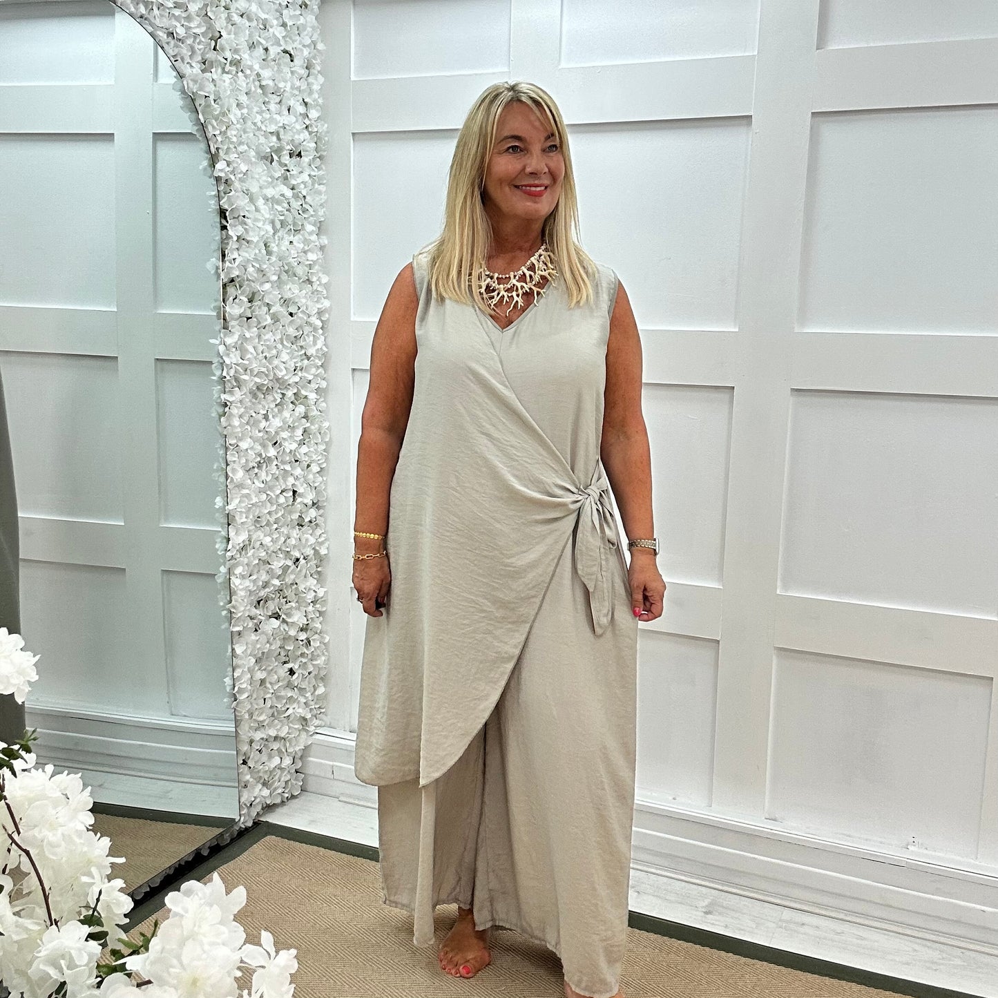 Julianna: Stone wrap wide leg jumpsuit. One size: 14-20