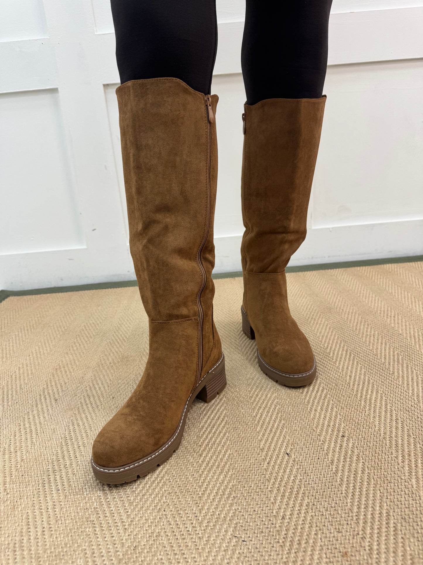 Tessa: Tan stretchy knee high boots. Sizes 3-8