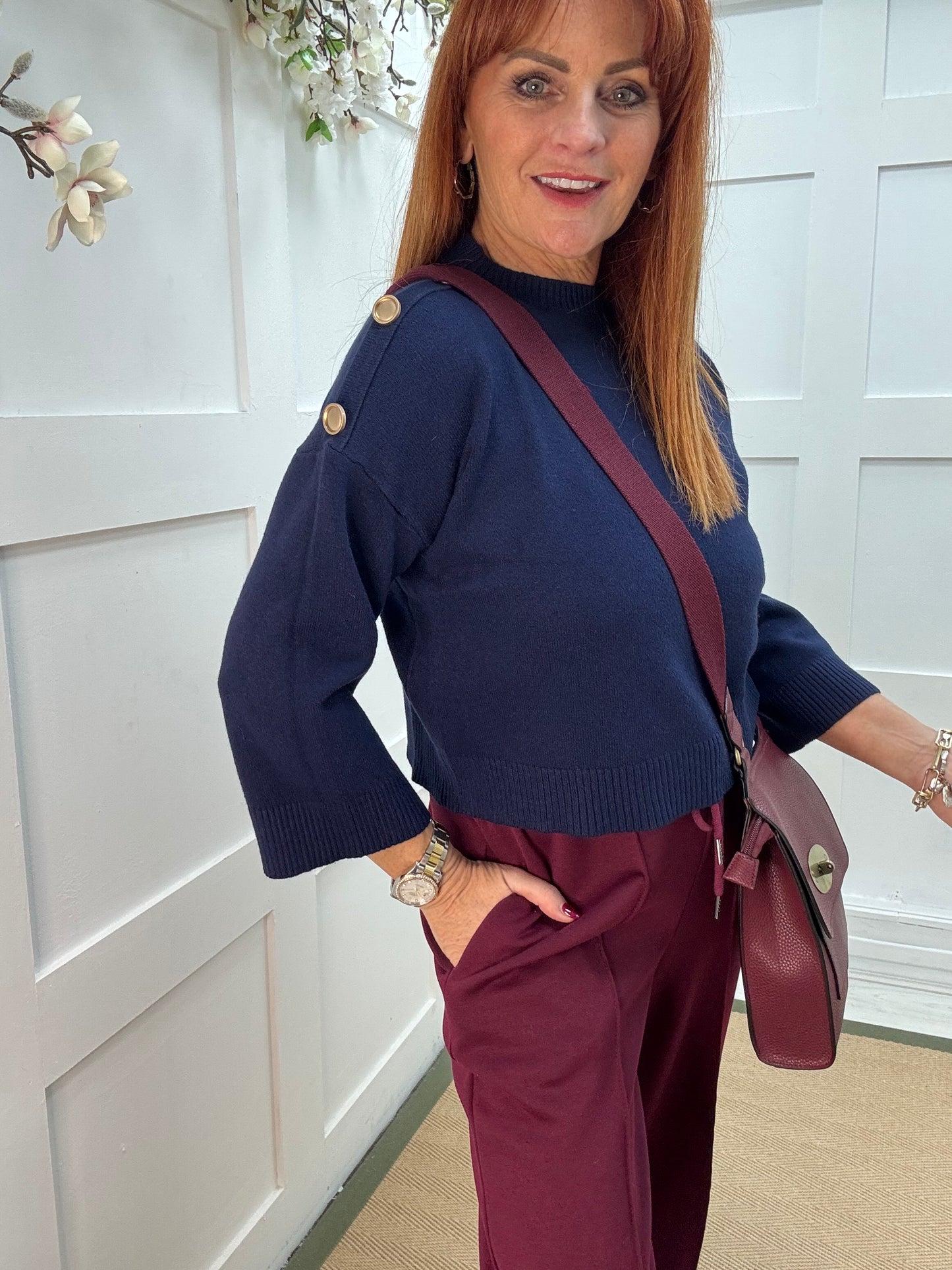 Lorna: Navy gold button knitted top. One Sz: 10-16