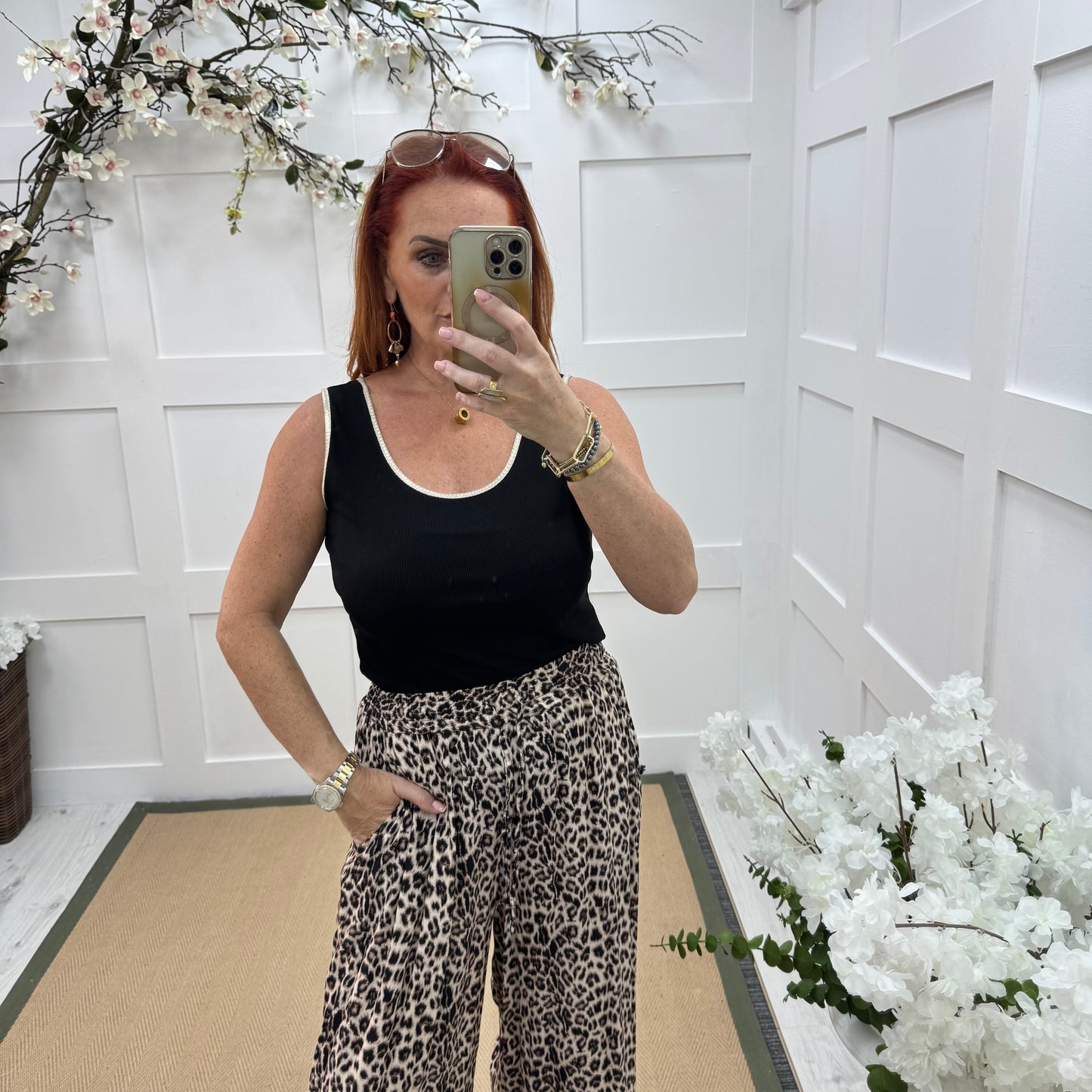 Lizzie: Black & gold stretchy vest top. One size: 12-18