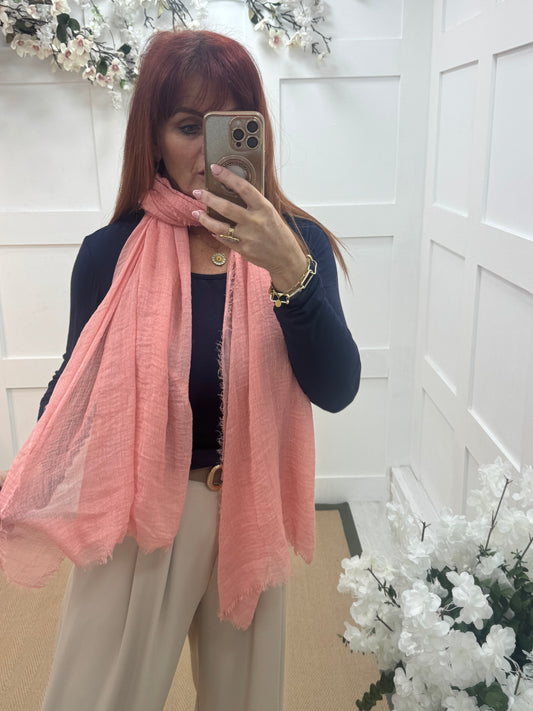 Tula: Salmon pink long frayed raw edge scarf. One size