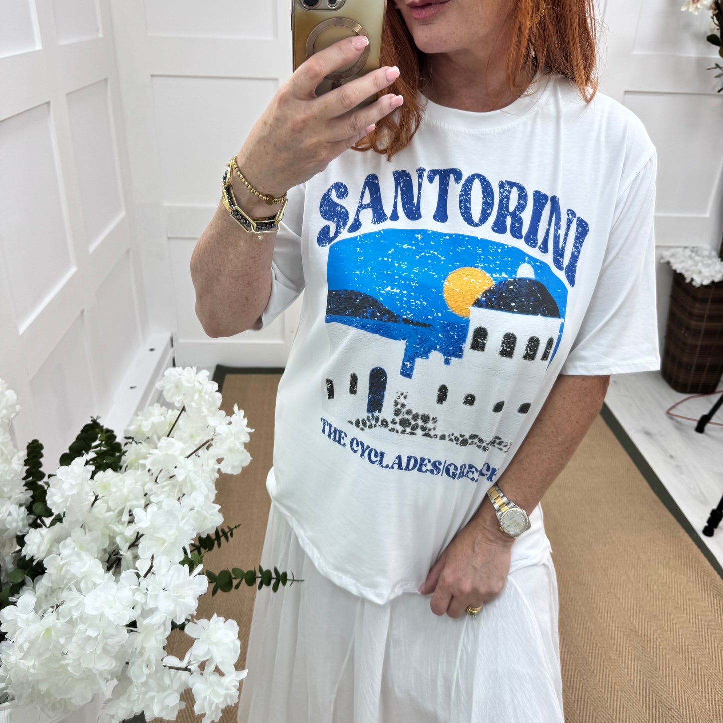 Serena: White & blue Santorini T shirt. One size 14-18