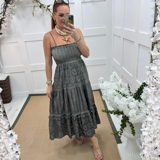 Perrie: Grey broderie Anglaise strappy midi dress. One size: 10-18