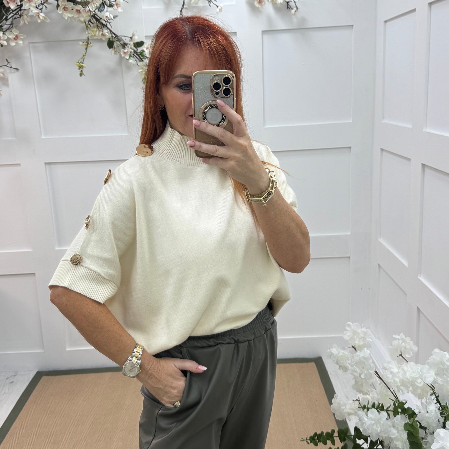 Camille: Cream short sleeve gold button top. One Size 12-20