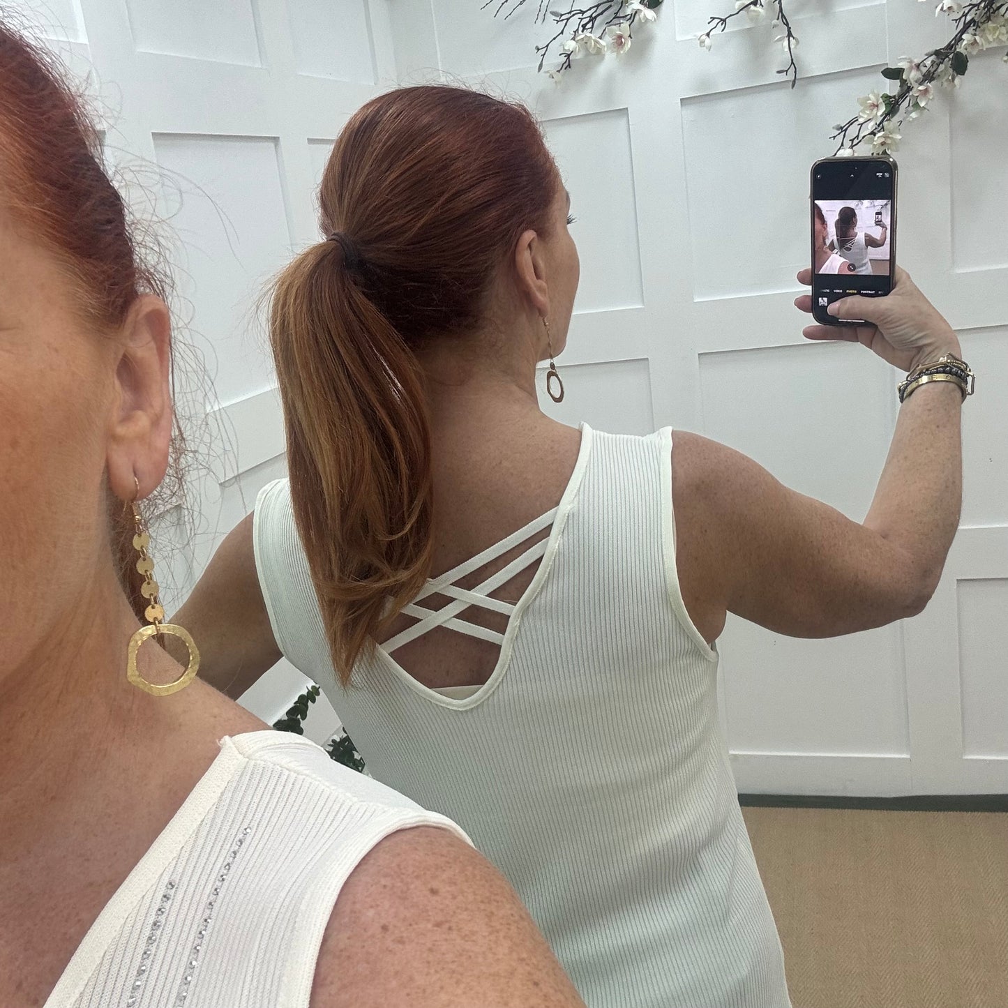Pilar: Cream diamanté stretchy vest top. One size: 12-18