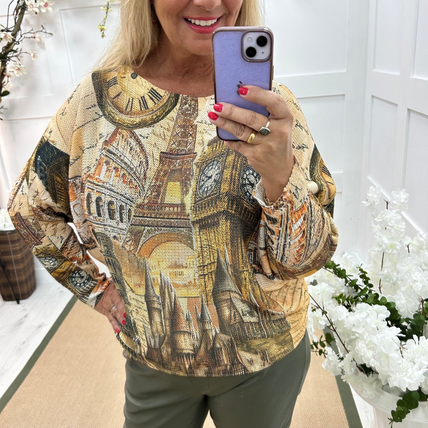 Chiara: Gold iconic building print stretchy top. One size: 12-18