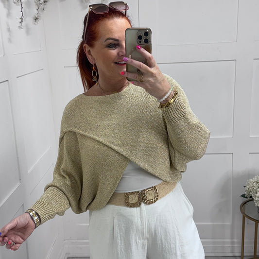 Aurora: Gold stretchy lurex wrap top. One size: 10-18