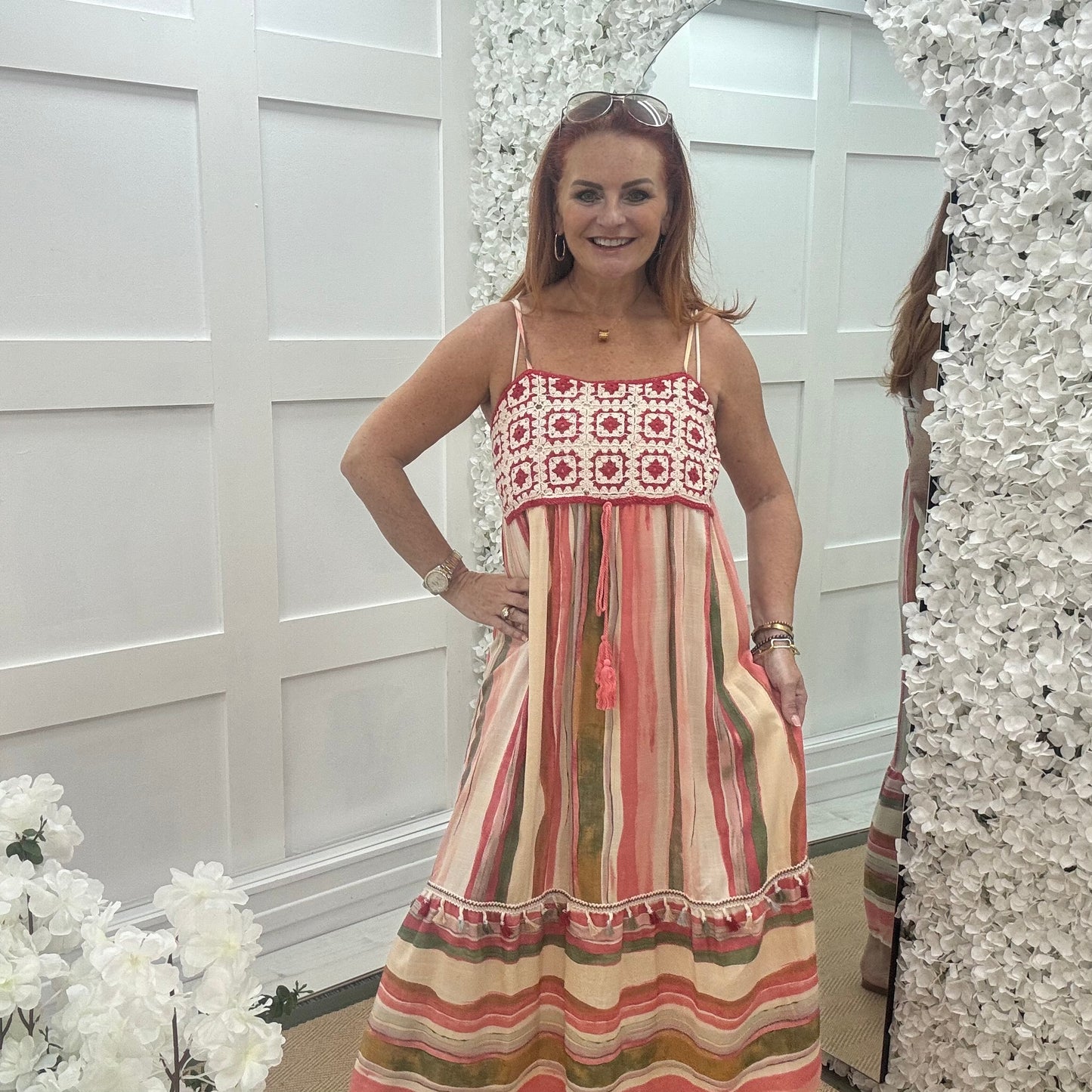 Aurora: Vibrant coral crochet & stripe midi dress. One Size: 8-12
