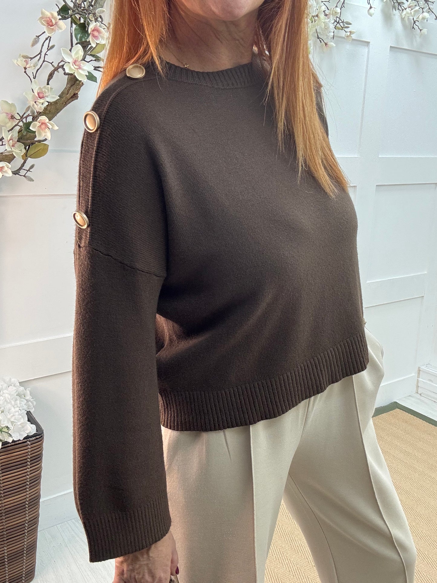 Lorna: Brown gold button knitted top. One Sz: 10-16