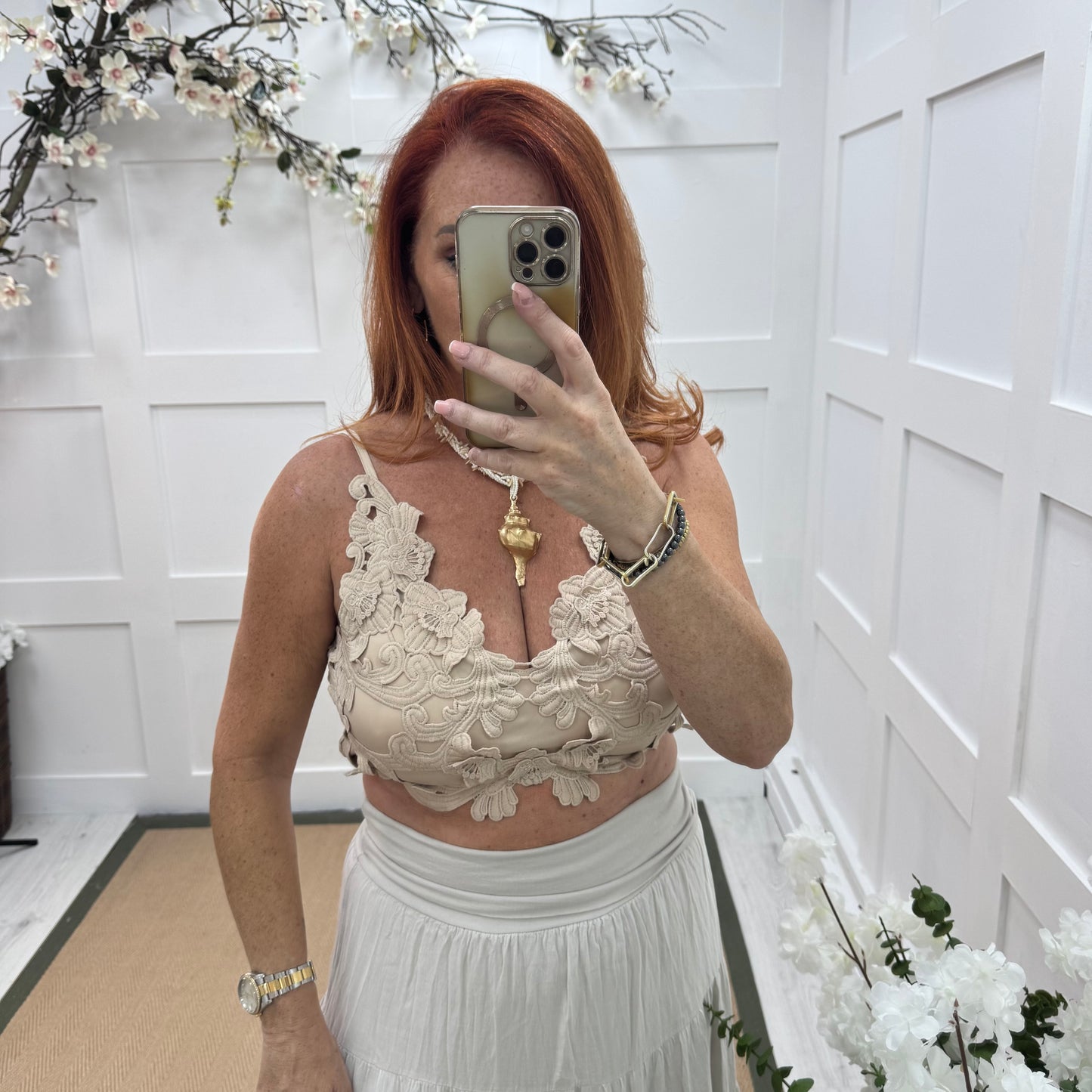 Lacey: Beige applique crop bralette. One size 8-14