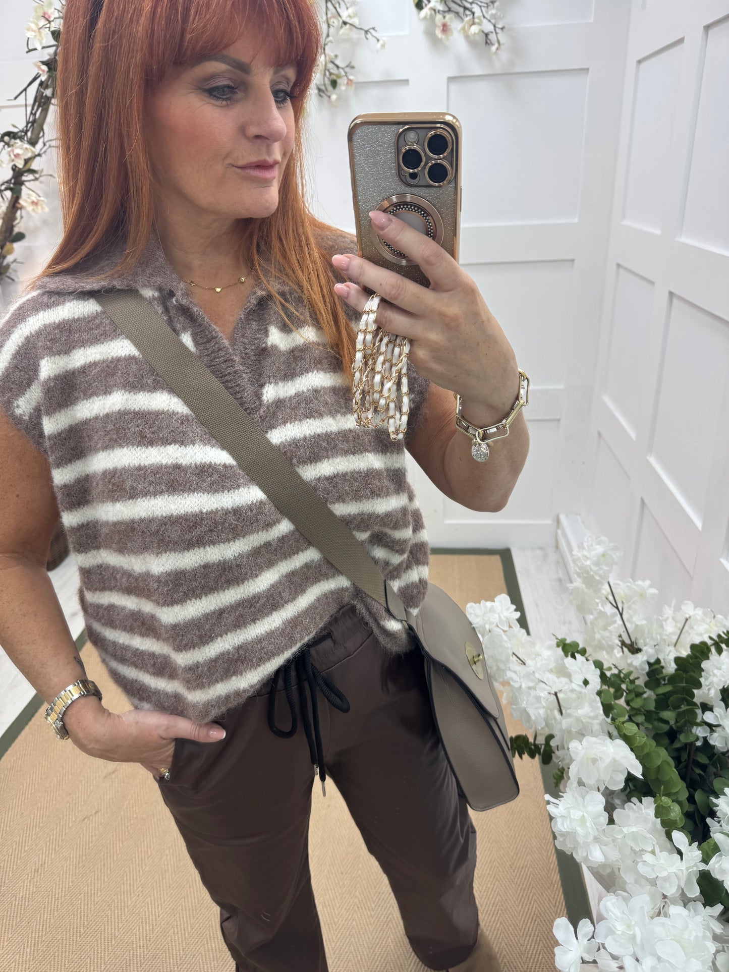 Talisa: Mocha & cream stripe sleeveless top. One size 12-18