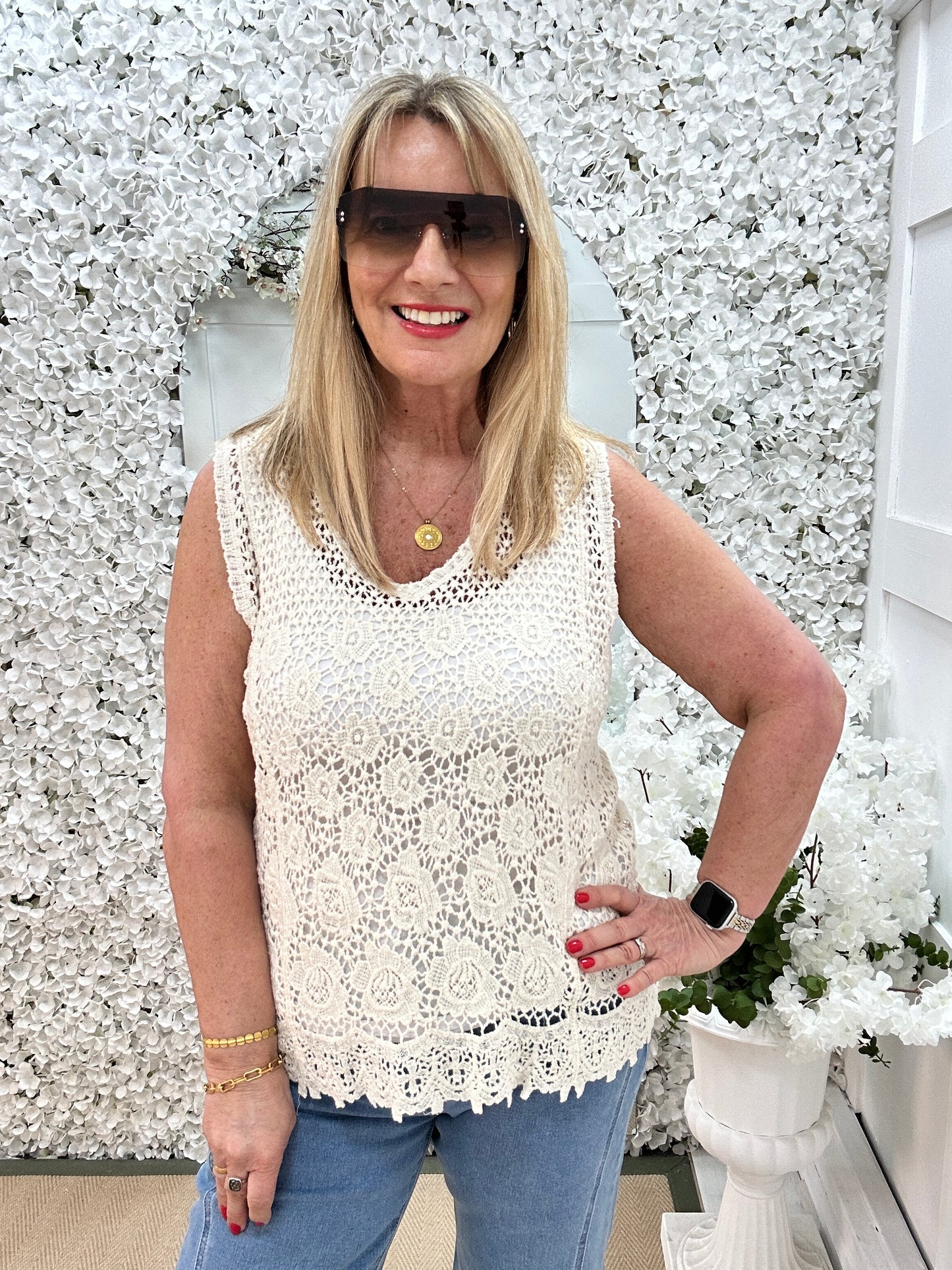 Morgan: Cream floral crochet lace sleeveless top. One size: 12-16