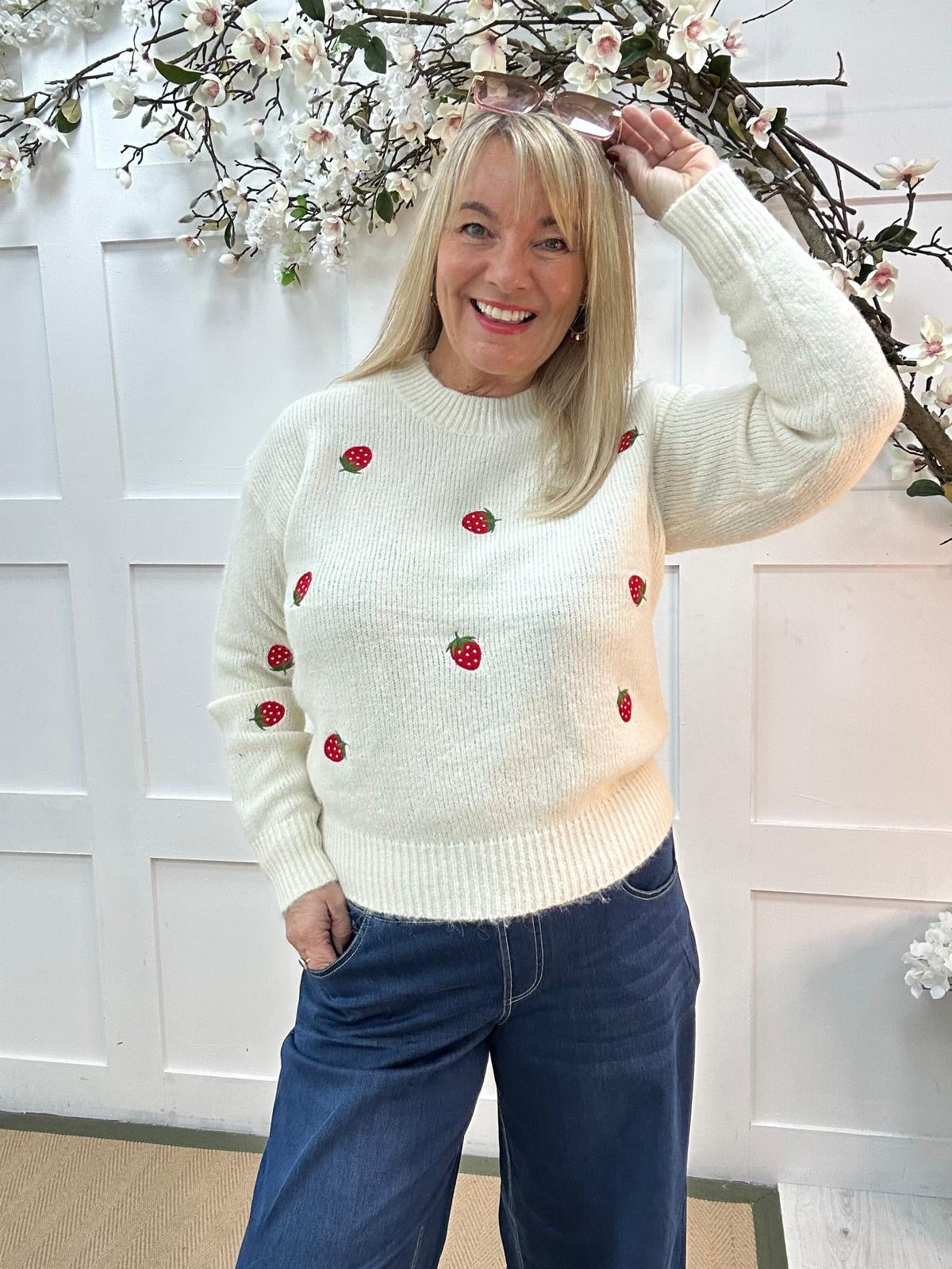 Suki: Cream strawberry embroidered knitted top. Two sizes.