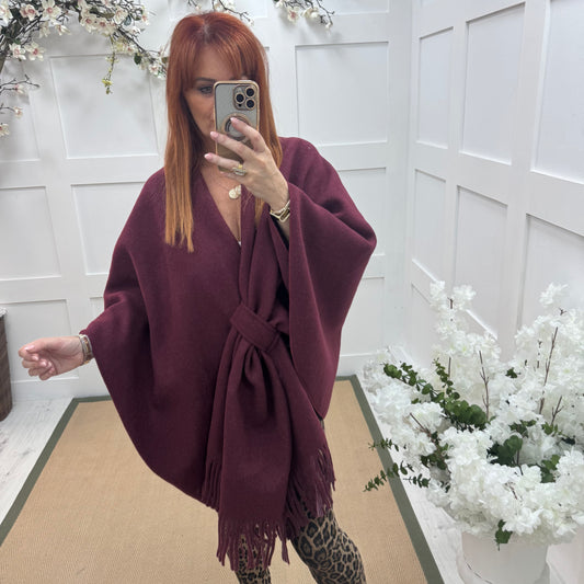 Candy: Burgundy wool fringe cape. Free size