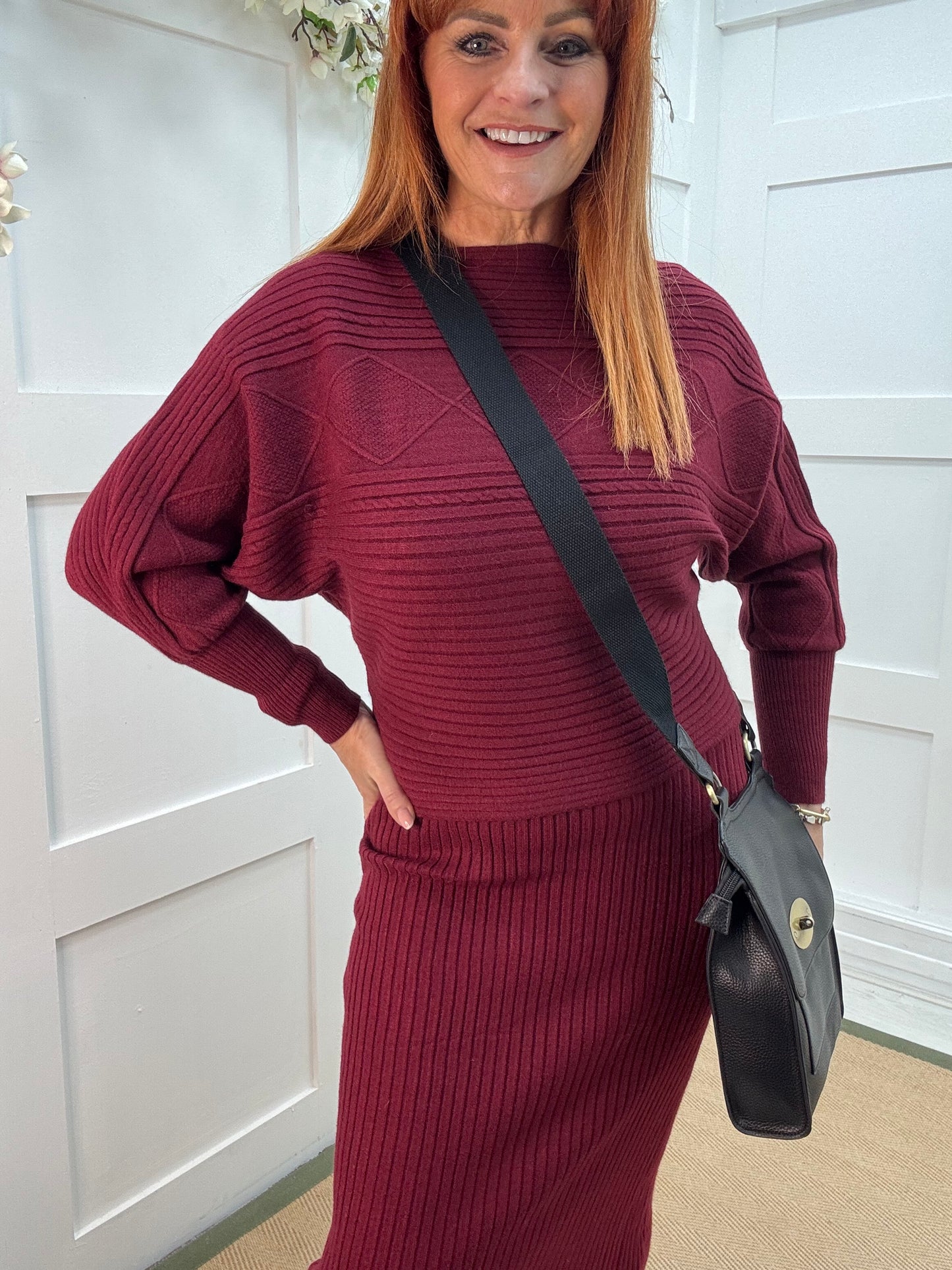 Sloane: Burgundy jumper & dress set. One size: 8-14