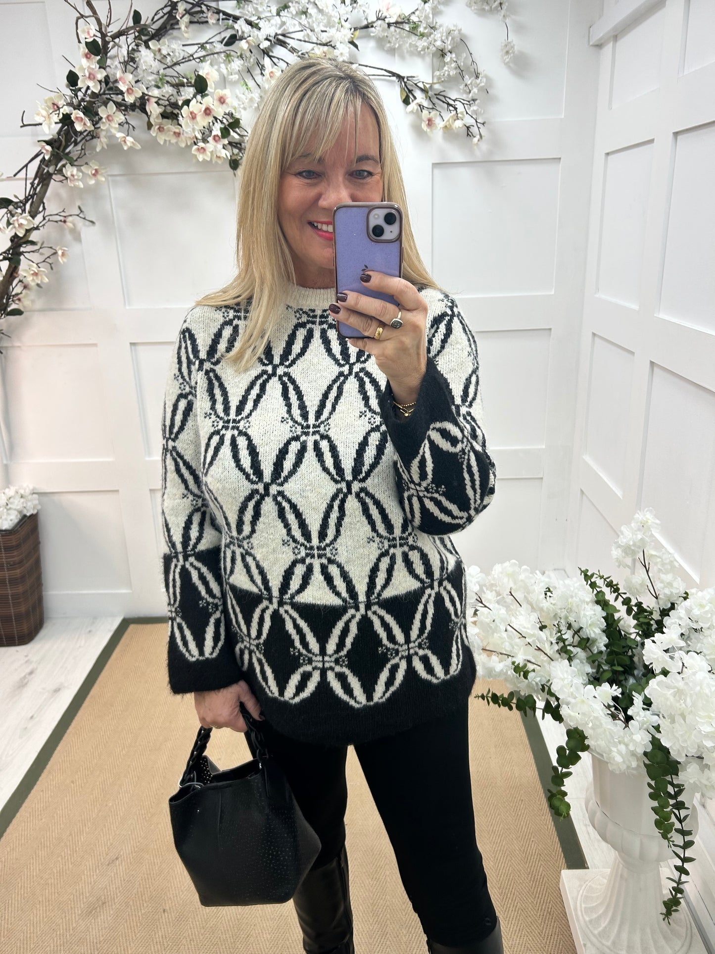 Macey: Cream & black pattern wool top. One size: 12-18